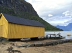 A boat house and dock in Solvorn.