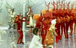 The movie was filmed simultaneously in Romanian, Russian, and English, but it plays in Norway with Norwegian subtitles. In this photo, you can see the Mama Rada goat character in the background, looking on as what appears to be a squirrel version of the Rockettes takes to the ice. Don't laugh; in 1977, the movie won the Silver Cup at the Children's Film Festival in Venice.